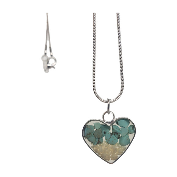Heart Shaped Pendant Necklace Silver with Turquoise Chip & Beach Sand Inlay - Picture 2 of 14